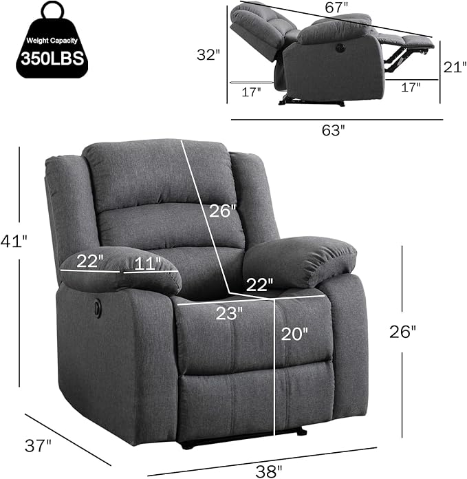 Power Recliner Chair for Adults Set of 2, Oversized Electric Recliner with Soft Cushion and Back, Upholstered Soft Fabric Reclining Chair for Living Room, Bedroom, Grey