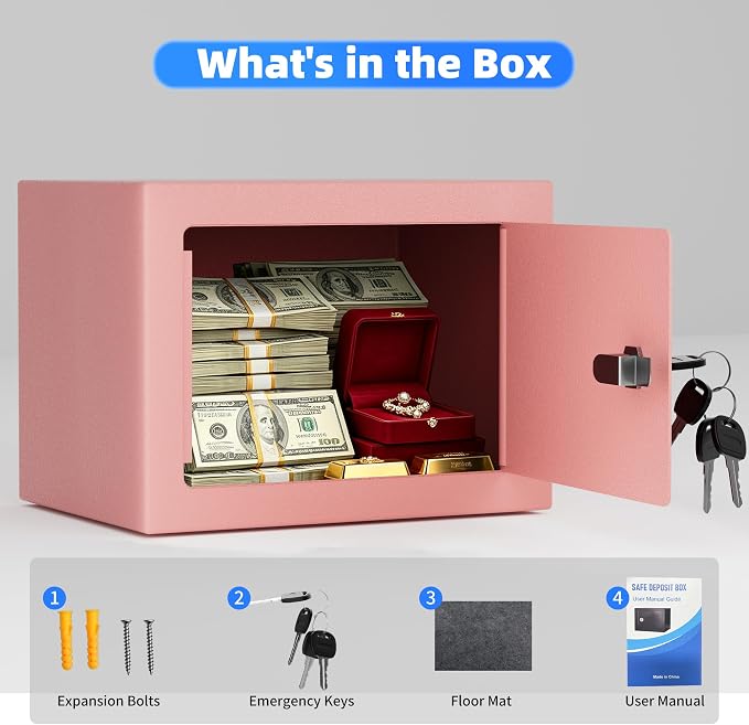 CDC DIGI Steel Security Safe Box with Key Lock,Safe Box for Home, Office, Money, Jewelry, Documents and Valuables, 0.23 Cubic Feet, 9.06" W x 6.69" D x 6.69" H, Pink