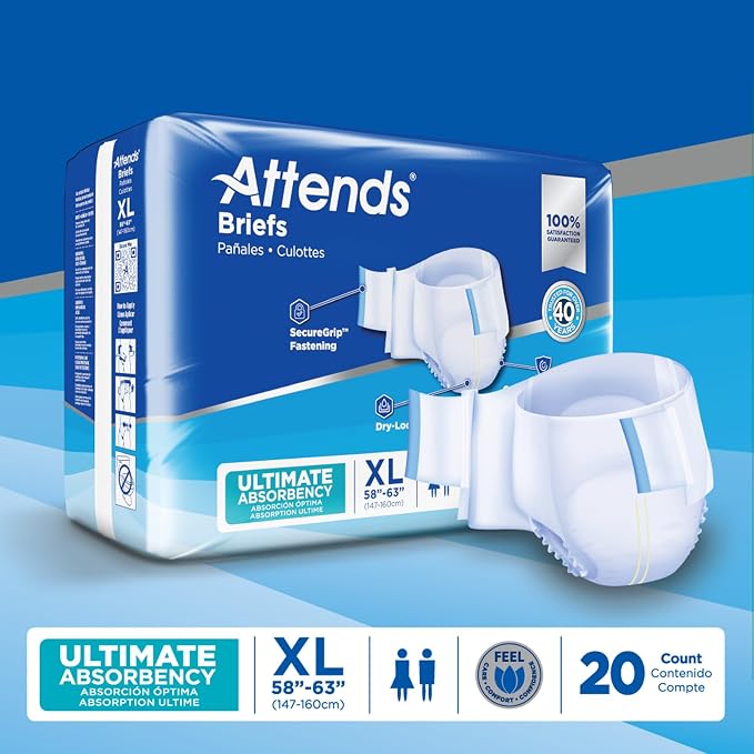 Attends Confidence® Adult Unisex Disposable SmartCool® Briefs, X-Large, 58"-63" Waist, SecureGrip Tab Closure, Ultimate Absorbency, Breathable Materials, 20ct Bag