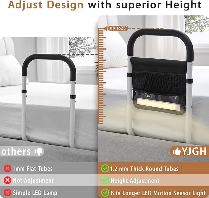 Bed Rails for Elderly Adults Safety, Bed Assist Rails for Seniors, Double Stabilizer Bars Design with Storage Pocket & Fall Prevention Guard, Fits King, Queen, Full, Twin Bed(with Light)