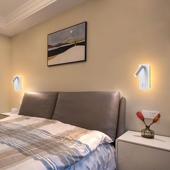 MOLUOLA LED Wall Lamp Wall Mounted Reading Lights Set of 2, Adjustable Headboard Plug in Wall Sconce with USB C+A Ports, Headboard Bedside Lamp with 9W+3W Night Light 3000K (White)