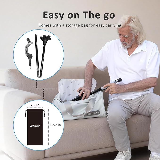 REHAND Adjustable Walking Cane for Seniors Adults - Ergonomic Anti-Slip Grip, 10 Height Settings (40"-49"), 350lbs Weight Capacity, Self-Standing Foldable Cane with Enhanced Anti Slip Base