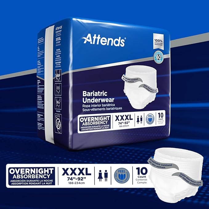 Attends Bariatric Adult Incontinence Underwear, 3X-Large (74-92"), [40 Count] - Overnight Absorbency for Men and Women, Disposable Pull-On Diapers with Tear-Away Sides, AU60