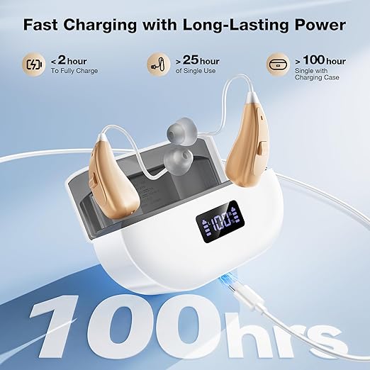 NVBOTY OTC Hearing Aids for Seniors & Adults - Rechargeable, 25+ Hour Battery Life, Advanced Noise Cancellation, 5-Level Volume & Memory, Clear Sound, Comfort-Fit, LED Display (White)