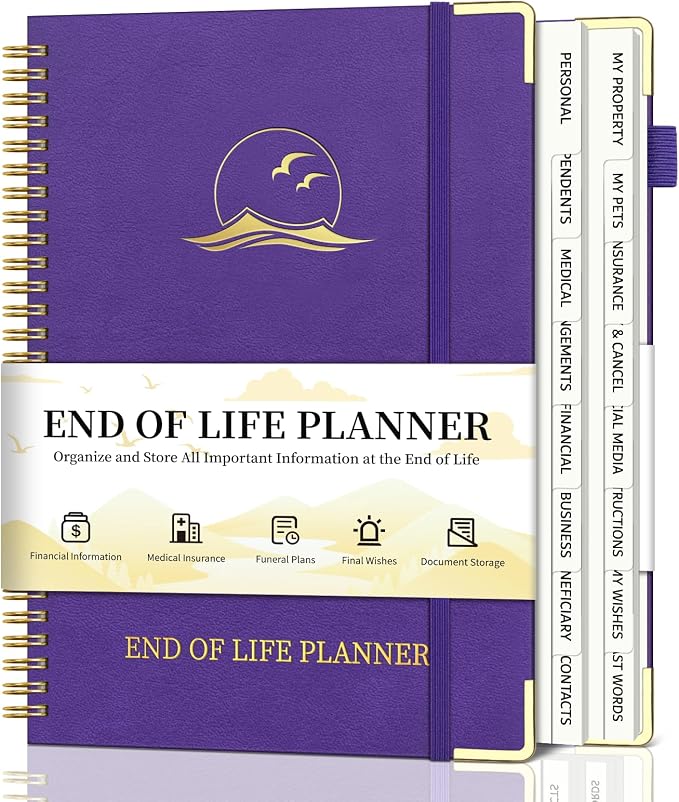 End of Life Planner, Estate Planning Organizer with Tabs for Senior, Spiral Funeral Planning Book with Large Font, Gold Corner Guards & Inner Pocket for Will Preparation, 7.36" x 10.4", Purple
