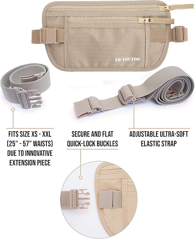 ZM-YOUTOO Money Belt for Travel - Hidden Travel Pouch Protect Your Credit and Money With RFID Blocking Passport Holder Waist Wallet (Khaki)