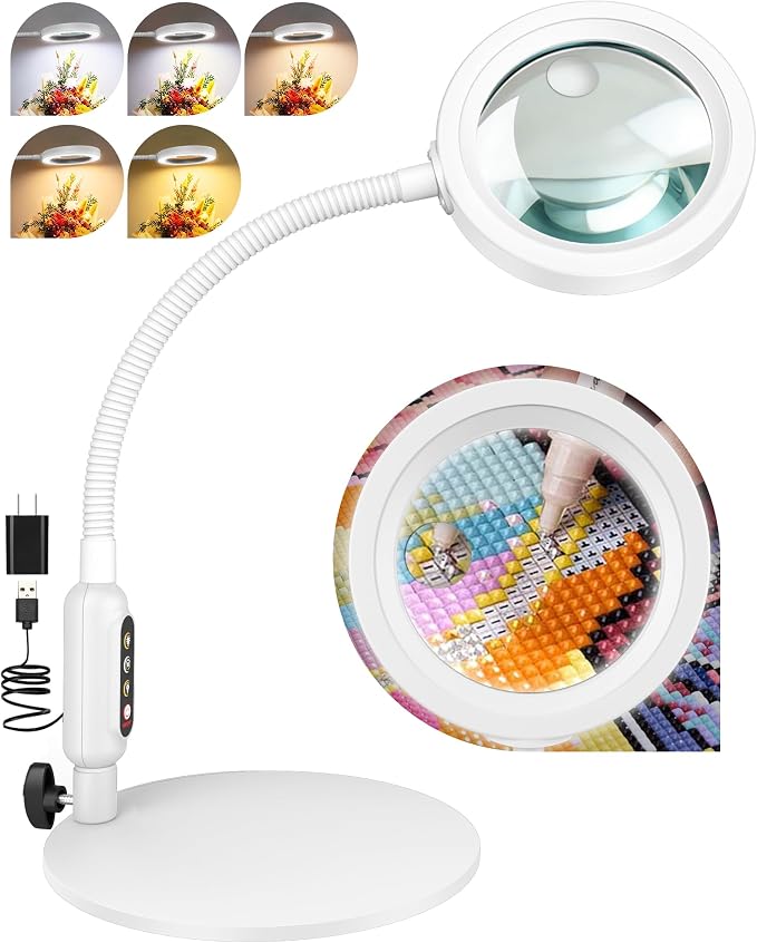 30X 10X Magnifying Glass with Light and Stand, 5 Color Modes Stepless Dimmable, Optical Grade HD Lens, LED Lighted Magnifier Hands Free with 20.5in Flexible Gooseneck for Close Work - White
