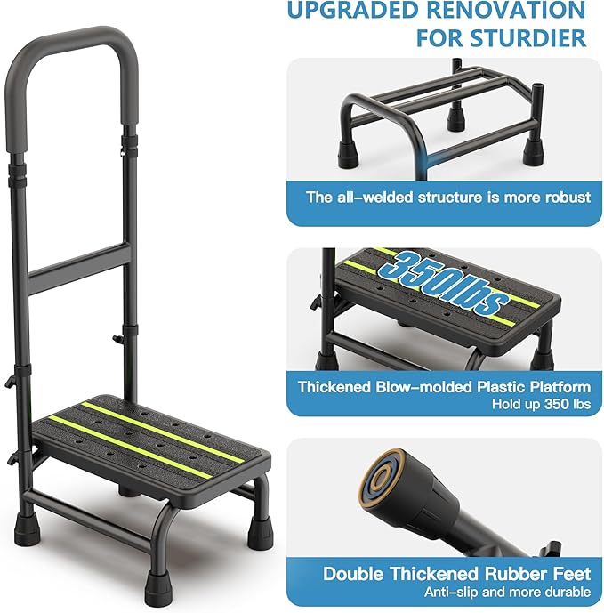 Step Stool with Handle for Elderly Adults, Non Skid Platform & Adjustable Handrail, Medical Stepping Stool for High Bed Mobility & Daily Living Aids, Bedside Car Stair Lift for Senior 350lbs