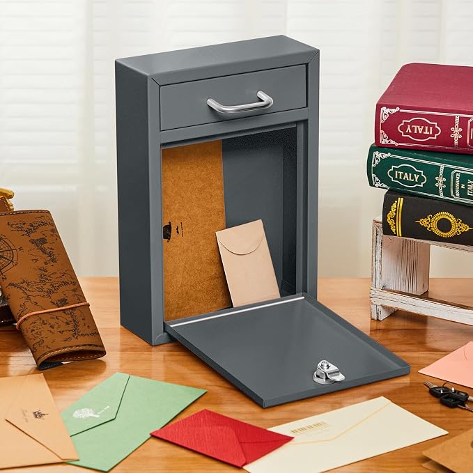 Yaocom Locking Mailbox with Key for Outdoor 12.2 x 8.5 x 3 Inches Large Wall Mount Mail Box with Lock Security Mail Drop Metal Collection Boxes Hanging Secure Postbox(Dark Gray)