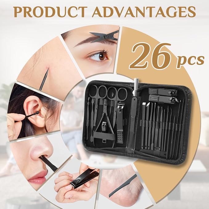 MINKINH Manicure Set Professional Nail Clipper Kit-26 Pieces for Men, Black | Stainless Steel Manicure Kit, Nail Care Tools with Luxurious Travel Case Nail Grooming Kit Gift for Husband Boyfriend Parent