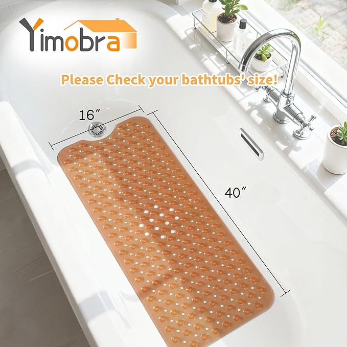 Yimobra Non Slip Bathtub Mat 40 x 16 Inch, Extra Long Shower Mat with Drain Holes, Machine Washable Baby Bath Mats, Strong Suction Cups for Bathroom Floor, Clear Brown