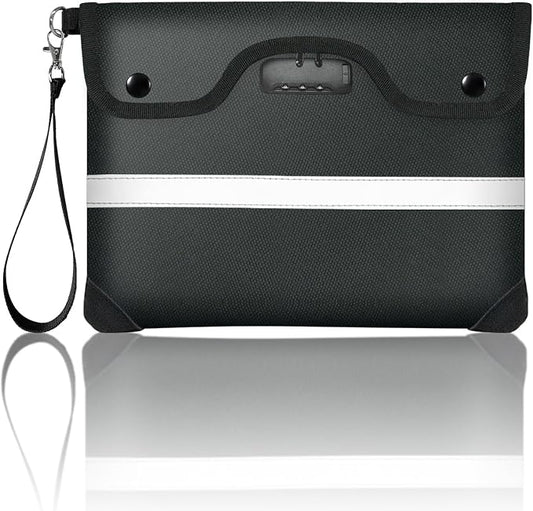 6200°F Fireproof Document Bag with Lock, 11.4 x 8.3 Inch Fire Proof Bag for Documents with Zipper, Water Resistant Envelope with Reflective Strip, Fireproof Money Pouch Black