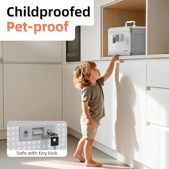 Glosen Medicine Lock BoxLockable Dorm Storage Trunk with Key Lock - Briefcase【Grey-Small】 10 * 6.7 * 6.7inch Medicine Lock Box, Lock Boxes for Personal Items