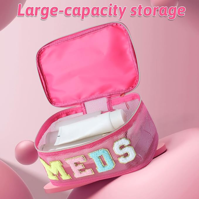 Medicine Bag, Portable Meds Bag with Chenille Letters, Breathable Mesh Makeup Bag Organizer for Travel, Pill Storage & Cosmetic Collection