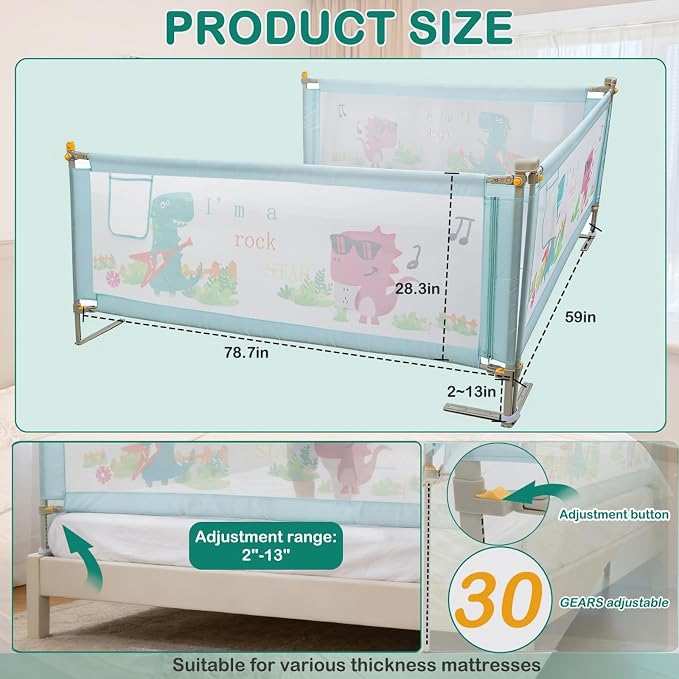 Bed Rail for Toddlers Queen Mattress Size Swing Down Side Rail Guard Rail for Kids (Blue Dinosaur, Queen)
