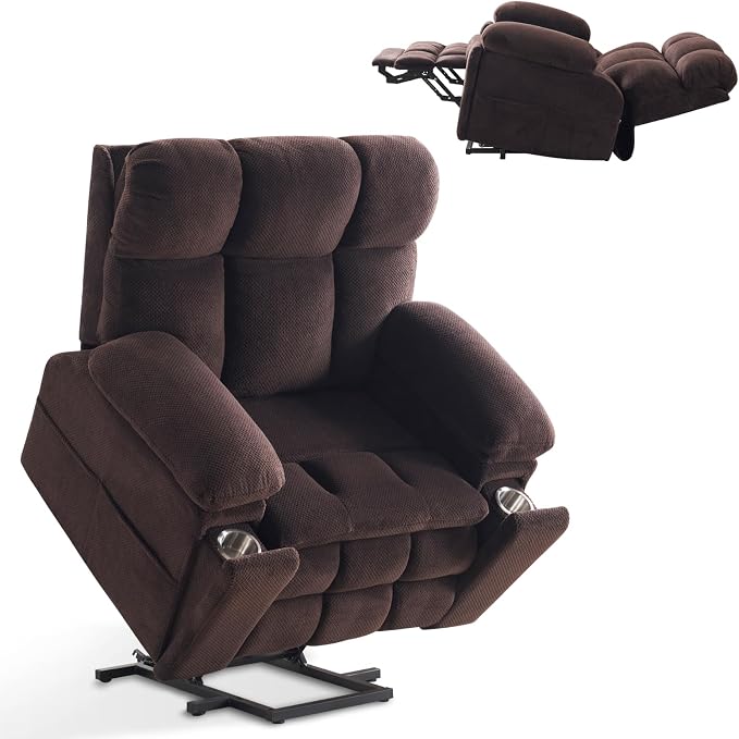 Power Lift Recliner Chair for Elderly, Dual Motor Oversized Recliner with Heat & Massage, Adjustable Headrest, Lay Flat Zero Gravity Recliner with Cup Holder, USB/Type-C Ports & Storage-Brown