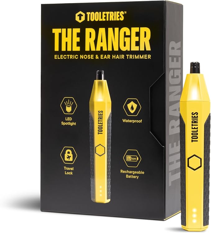 TOOLETRIES The Ranger Nose & Ear Hair Trimmer for Men - Yellow | Rechargeable waterproof trimmer with stainless steel dual-edge blades, LED spotlight and travel lock.