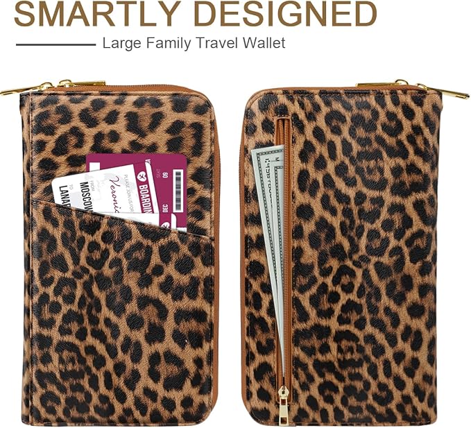 Family Passport Holder Wallet RFID Blocking Document Organizer | PU Leather Mulit-purpose Travel Wallet Credit Cards Case for Women Men, Leopard