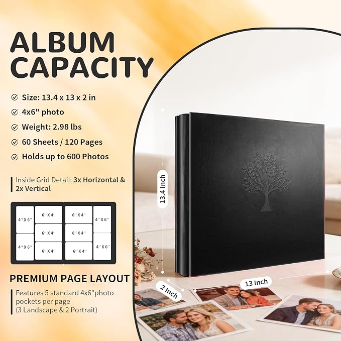 Photo Album 4x6 600 Pockets Photos, Large Capacity Leather Cover Photo Book | Slip-In Horizontal & Vertical Pockets Acid-Free Waterproof Picture Albums Great for Family Baby Wedding Holiday & Anniversary