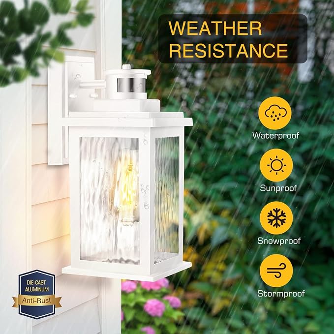 VIANIS 2 Pack Motion Sensor Outdoor Wall Lantern, Exterior Light Fixture | Anti-Rust & Waterproof, White Dusk to Dawn Outdoor Lighting Wall Mount, Tempered Glass, For House Front Porch Garage Entryway