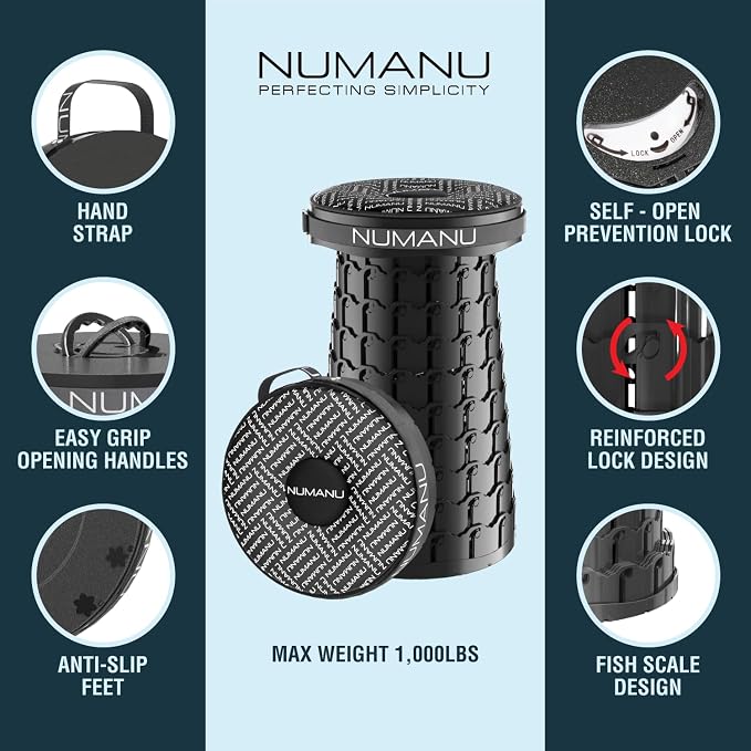 NUMANU XXL Cushioned Collapsible Stool for Adults, Folding Seat, 1000 lbs | Heavy-duty big & tall stool, telescoping 2.7-19.7in adjustable, 360 swivel pad + waterproof bag; travel, sports, camping