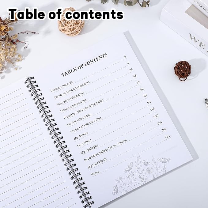 Thboxes My Final Wishes Planner, End of Life Estate Organiser Book, Flowers | Spiral Bound Notebook, 7.4 x 10.1 In, Possessions And Affairs Pages, When I Am Gone Notes, for Adults, Seniors, Families