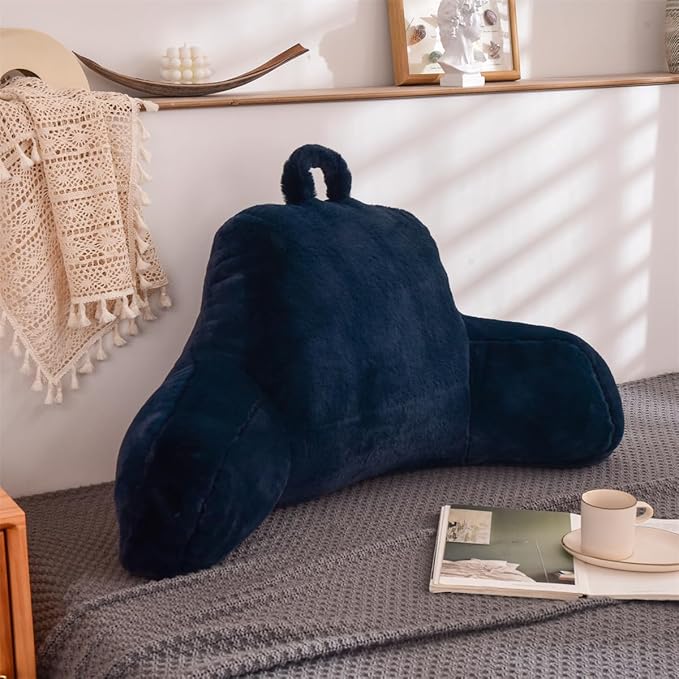 Holawakaka Medium Faux Fur Bed Rest Pillow with Arms,Rabbit Fur Reading Pillows Perfect for Teens Kids Petites, Arm, Back, Pregnancy Lumbar & Head Neck Coccyx Lower Back Support Cushion (Blue)