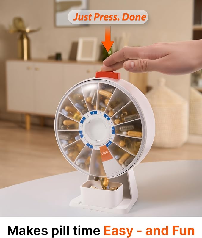 Pill Dispenser 14 Day – Rotating Medicine Organizer Wheel with Push Button, Wall Mounted or Desktop Manual Pill Dispenser for Elderly & Seniors, Large Capacity Vitamin & Medication Organizer
