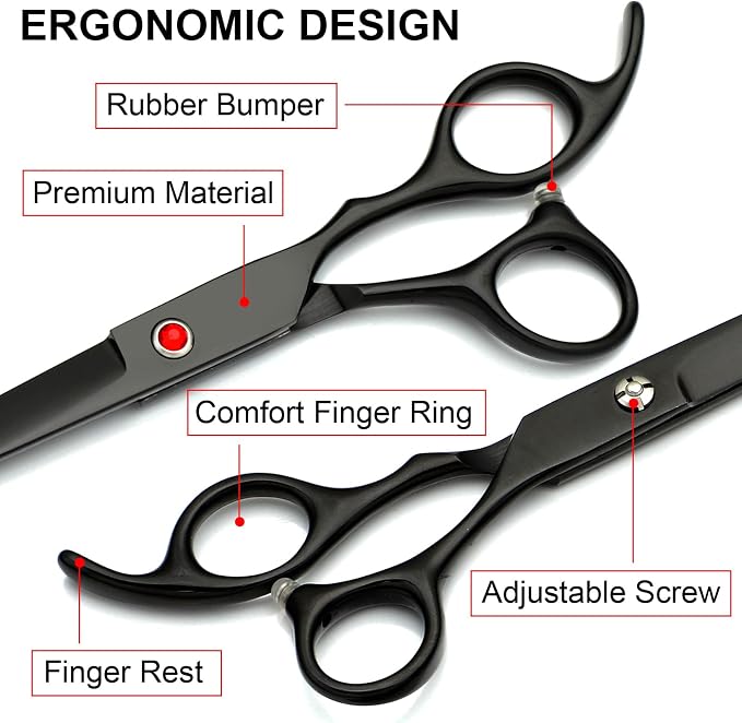 TINMARDA Dog Grooming Kit, Titanium Black Stainless Steel Dog Grooming Scissors with Curved Shears, Black Finger Rings - 4 Piece Sharp Durable Pet Shears for Dogs Cats At Home Salon-Quality Grooming