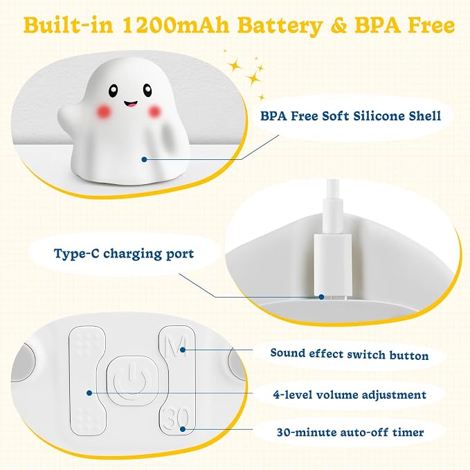 Rechargeable Night Light for Kids - Silicone Lamp with Touch Sensor for Kids Room - LED Squishy Night Light for Baby Nursery with 19 Interactive Sounds/3 Light Modes/30-Min Timer