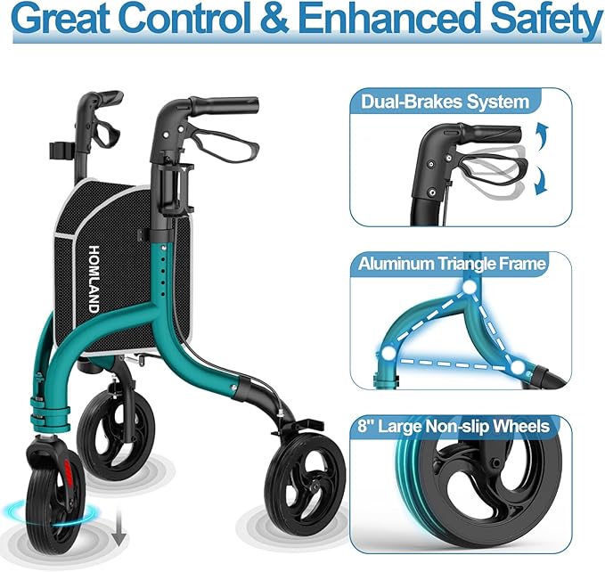HOMLAND 3 Wheel Walkers for Seniors, Foldable Wheeled Rollator with Cane Hold and Cup Hold, Lightweight Three Wheel Rolling Walker Height Adjustable for Seniors