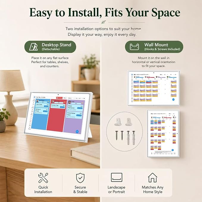 10.1" Digital Wall Planner Alternative, Smart Touchscreen Family Calendar, Auto-Sync with iCloud/Google/Outlook, Chore Chart, Meal Planner for Desk or Shelf Use