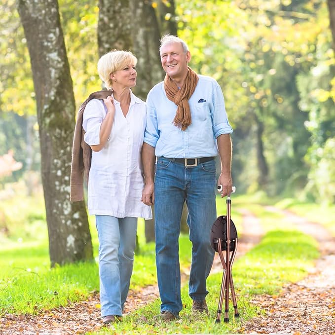 Folding Cane Seat Combo 400 lbs Capacity Portable Cane Stool Handy Folding Crutch Chair Seat 3 Legs Height Adjustable Heavy Duty Thick Aluminum Walking Stick Tall Unisex for Elderly Travelon Blue