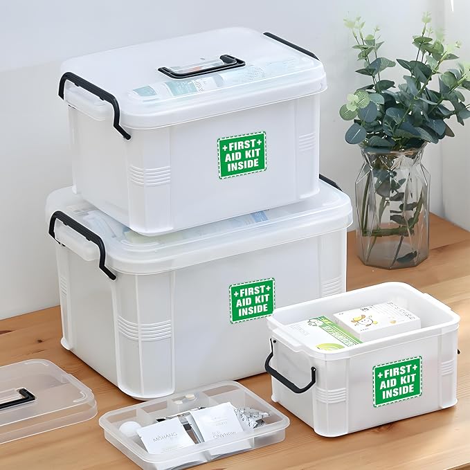 4PCS First Aid Sign Sticker, Self-Adhesive Waterproof First Aid Decals for First Aid Boxes, Emergency First Aid Kit Inside for Home, Car, Office, School, Factoryor Business 5.1''x3.9''