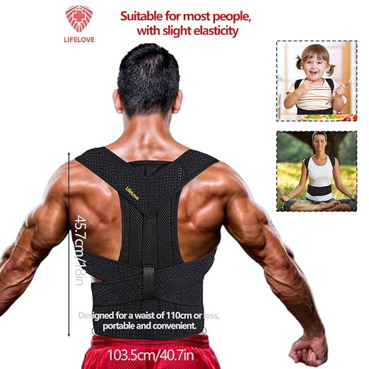 LifeLove Adjustable Posture Support Brace for Upper Back & Shoulders, Fits Height Under 200cm & Waist Under 120cm (Shoulder 105cm, Waist 115cm, Back 40cm), One Size (Black Blue, One Size Fits Most)