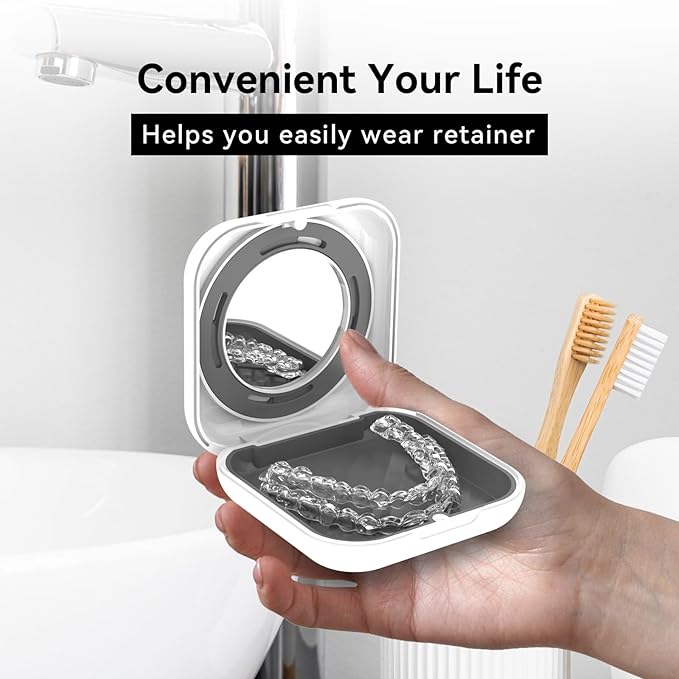 HEMILAB® Retainer Case, Slim Aligner Case with Vent Holes, Compatible with Invisalign, Mouth Guard Case with Mirror, Cute Orthodontic Retainer Case with Retainer Removal Tool and Brush, White