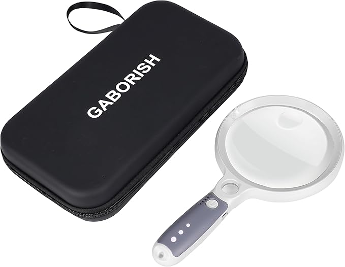 Large Magnifying Glass with 37 LED Light and Case, 10X 20X 45X Handheld Illuminated Lighted Magnifier with 3 Light Modes Rechargeable Magnifying Glass for Seniors Reading, Inspection (White & Grey)