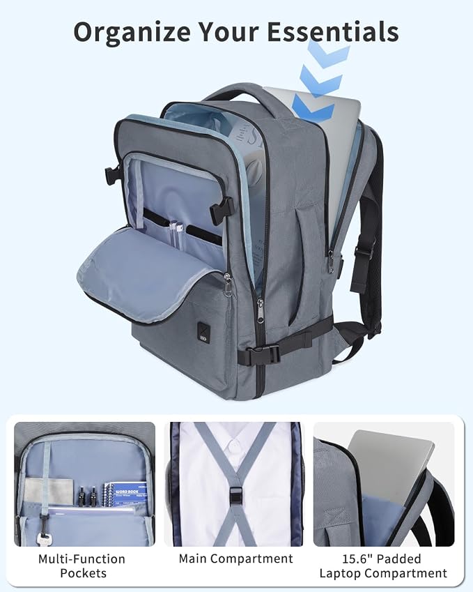 WANDF Personal Item Travel Bag, Small Travel Backpack 17x10x9 for United Airlines, 15.6" Laptop Backpack for Men Women (Grey)