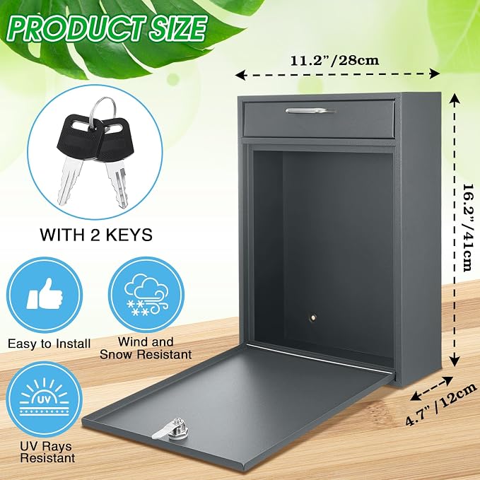 Yaocom Locking Mailbox with Key for Outdoor 16.2 x 11.2 x 4.7 Inches Large Wall Mount Mail Box with Lock Security Mail Drop Metal Collection Boxes Hanging Secure Postbox(Dark Gray)