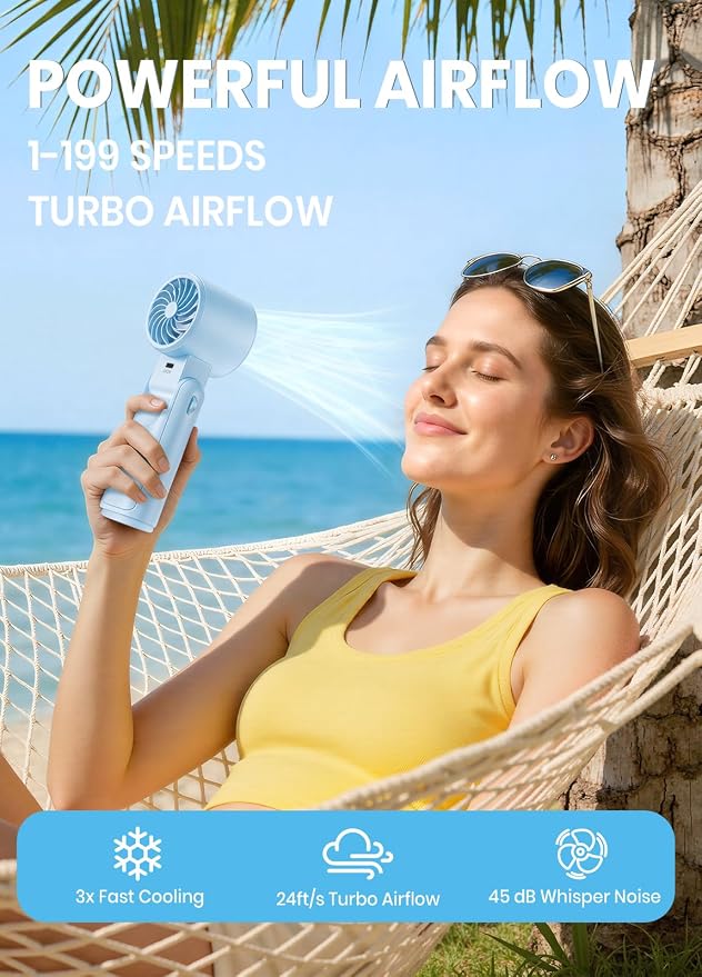 Portable Handheld Turbo Fan, 1-199 Speed Adjustable, Blue | 4 IN 1 Pocket Design with LED Display, High-Power Motor, Rechargeable Battery, Mini Fans for Indoor/Outdoor/Travel/Work