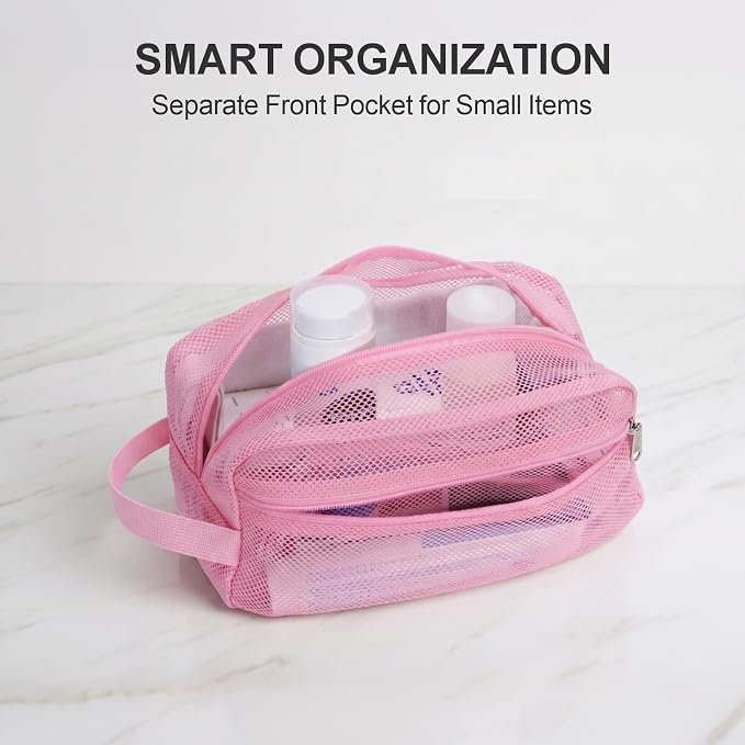 Mesh Shower Caddy Portable with Zipper - Toiletry Shower Bag for travel Gym | 2 Pockets, Quick-Dry Mesh, S-Hook, Small Hanging Shower Caddy for Toiletry Essentials, Bathroom & Camping, Pink