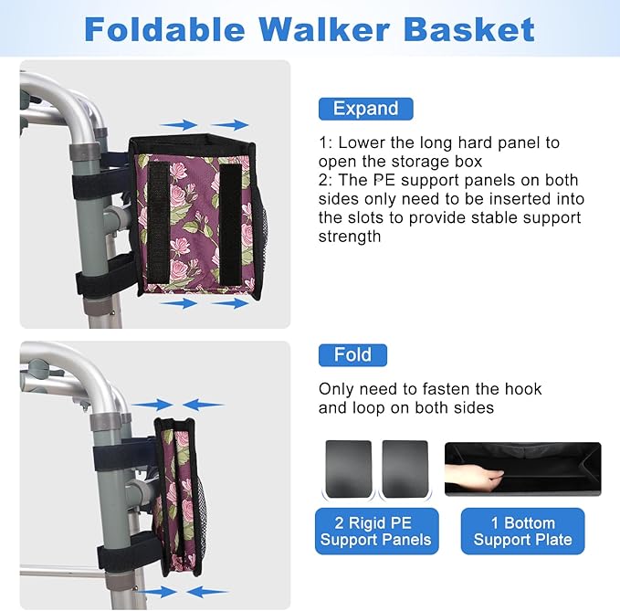 supregear Walker Basket, Foldable Walker Bag with Cup Holder, Storage Pouch with Large Capacity and Never Tipping Over, Hand-Free for Seniors Elderly, Not Fit for Rollator, Floral Purple