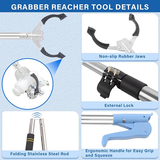 Trash Picker Upper Grabber Heavy Duty, 38" Grabber Reacher Tool Heavy Duty for Yard Work Trash Picker Outdoor Stainless Steel Metal Extra Long Foldable Sturdy and Durable (38 inches)