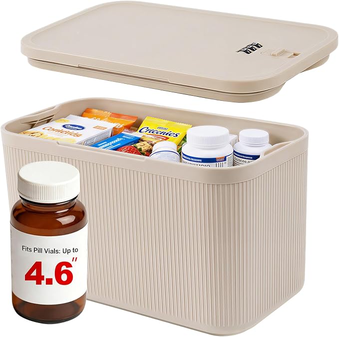 Small Lock Box for Medicine, PLUS Size, Medication Lock Box with Code, Lockable Storage Box for Pills, Snacks, Personal Items, Fridge, Home, Office, Beige