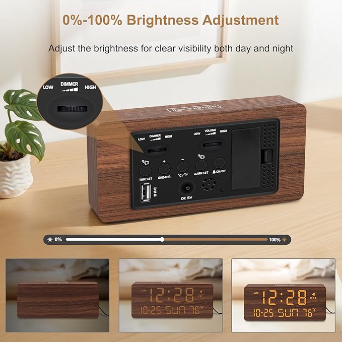 DreamSky Wooden Digital Alarm Clocks for Bedrooms with Date & Day of Week | Living Room Desk Clock, Temperature, USB Port, Dimmer Wheel, Adjustable Volume, Auto DST, Office Wood Decor (Plug-in)