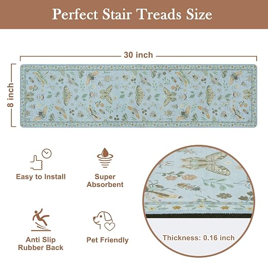 OJIA Insect Stair Treads for Wooden Steps 15PC 30"x8" Non-Slip Stair Runner | Indoor Stair Runners Carpet Stair Treads Mats Staircase Step Treads for Kids, Elders & Dogs, Stair Covers, Blue