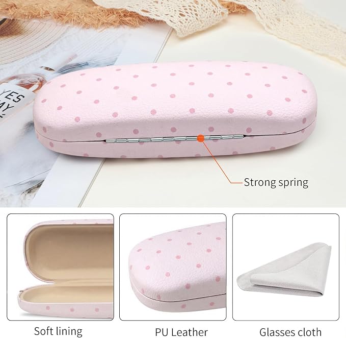Glasses Case Hard Shell, Cute Sunglasses Case for Women Leather Protective Case for Eyeglass with Cleaning Cloth