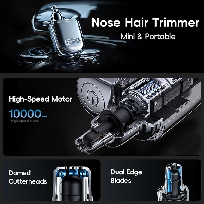 yoose Nose Hair Trimmer for Men and Women, Alloy Unibody, Painless Trimming, IPX7 Waterproof, Washable, USB-C Rechargeable, Long-Lasing, Low Noise, Portable Travel Electric Nose Trimmer, Silver