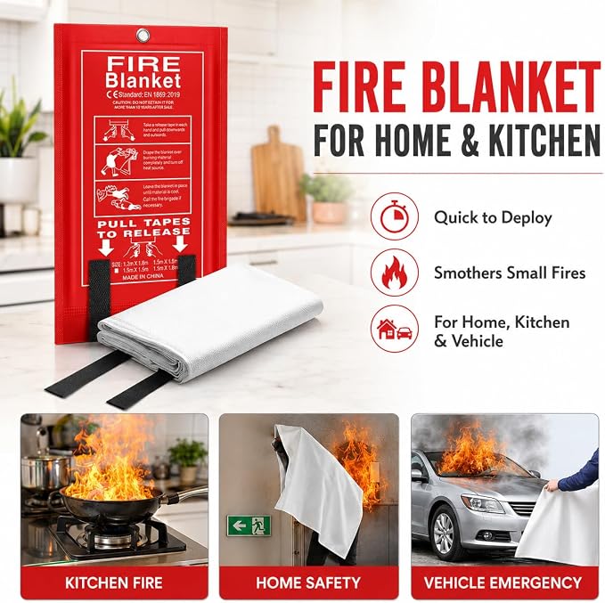 FLASLD Emergency Fire Blanket for Home, 40x40 Inch Fiberglass Fire Blankets Emergency for People, Fire Suppression Blanket for Kitchen, Fire Extinguisher for Home