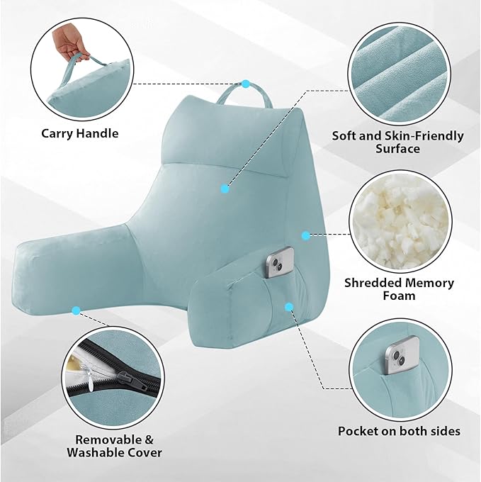 Reading Pillow with Arms For Adult, Back Pillow for Bed Sitting Up, Shredded Memory Foam Backrest Pillow with Pockets & Removable Washable Cover, Lounging, Watching TV, Reading(20in Lake Blue)